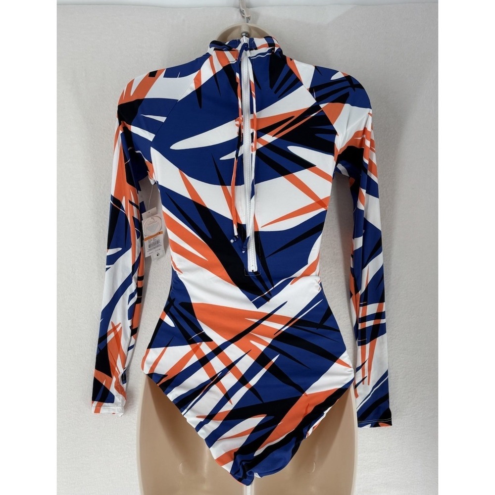 Bikini Lab Womens Long Sleeve Bodysuit Rashguard Zipper Blue Orange White Size S - Picture 2 of 10